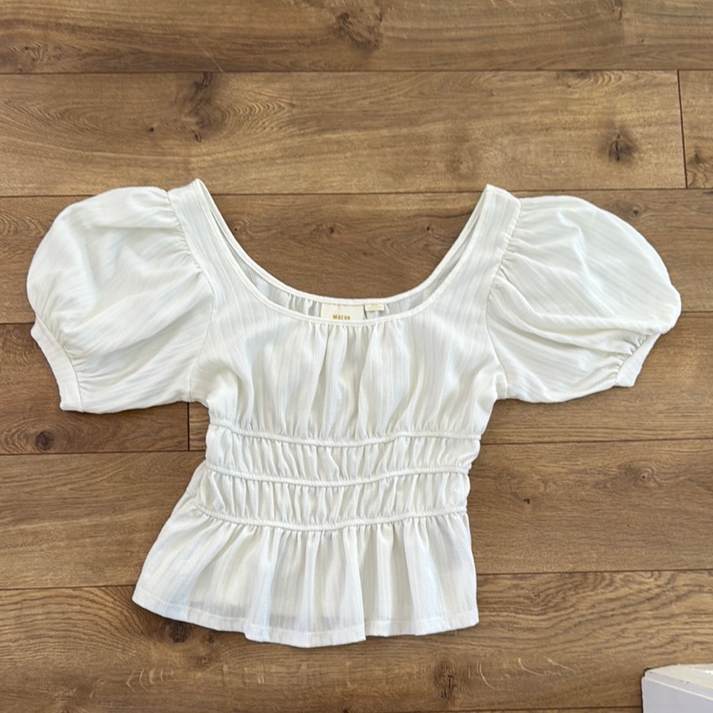 Maeve by Anthropology White Puff Sleeve Top